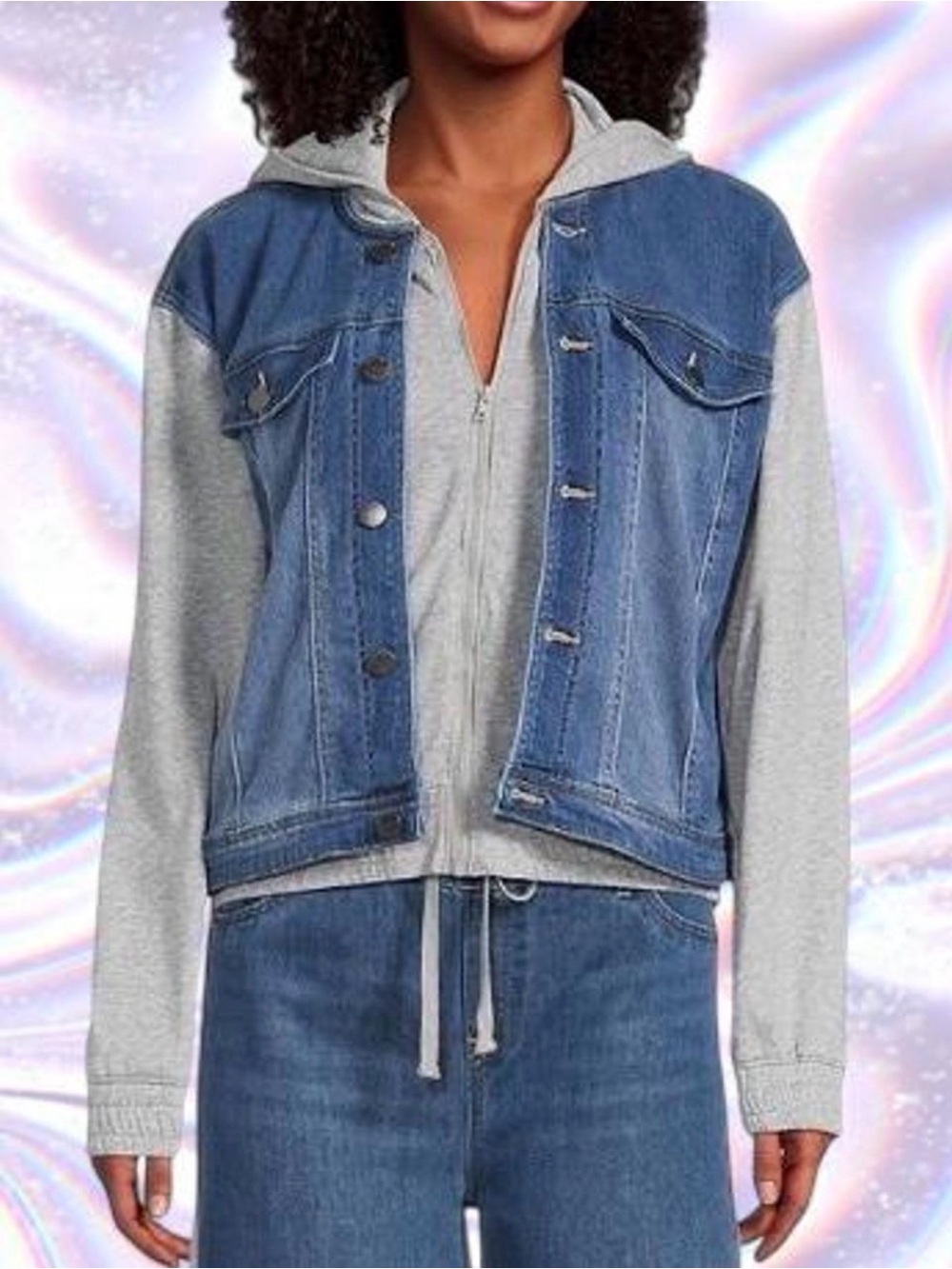 Tractr Blue Denim Jacket with Light Grey Hoodie Sleeves
